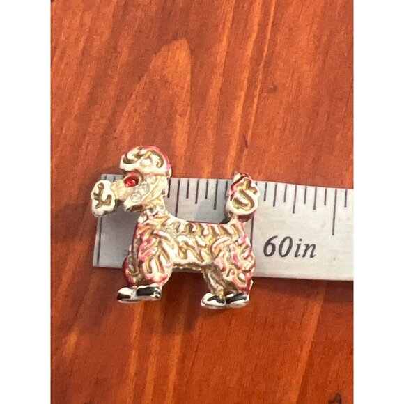 Vintage MCM Poodle Lapel Pin Brooch Gold Tone White Red Black Rhinestones 1" - Picture 4 of 4